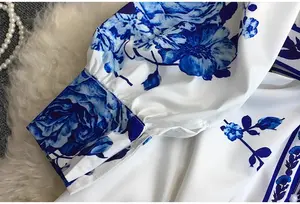 Long Sleeve Blue And White Floral Print Plus Size Shirt Dress Women Casual Dresses Clothing