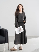 Ensemble tricoté 2 pièces : Pull oversize col en V et jupe longue – Tenue décontractée et élégante pour femme