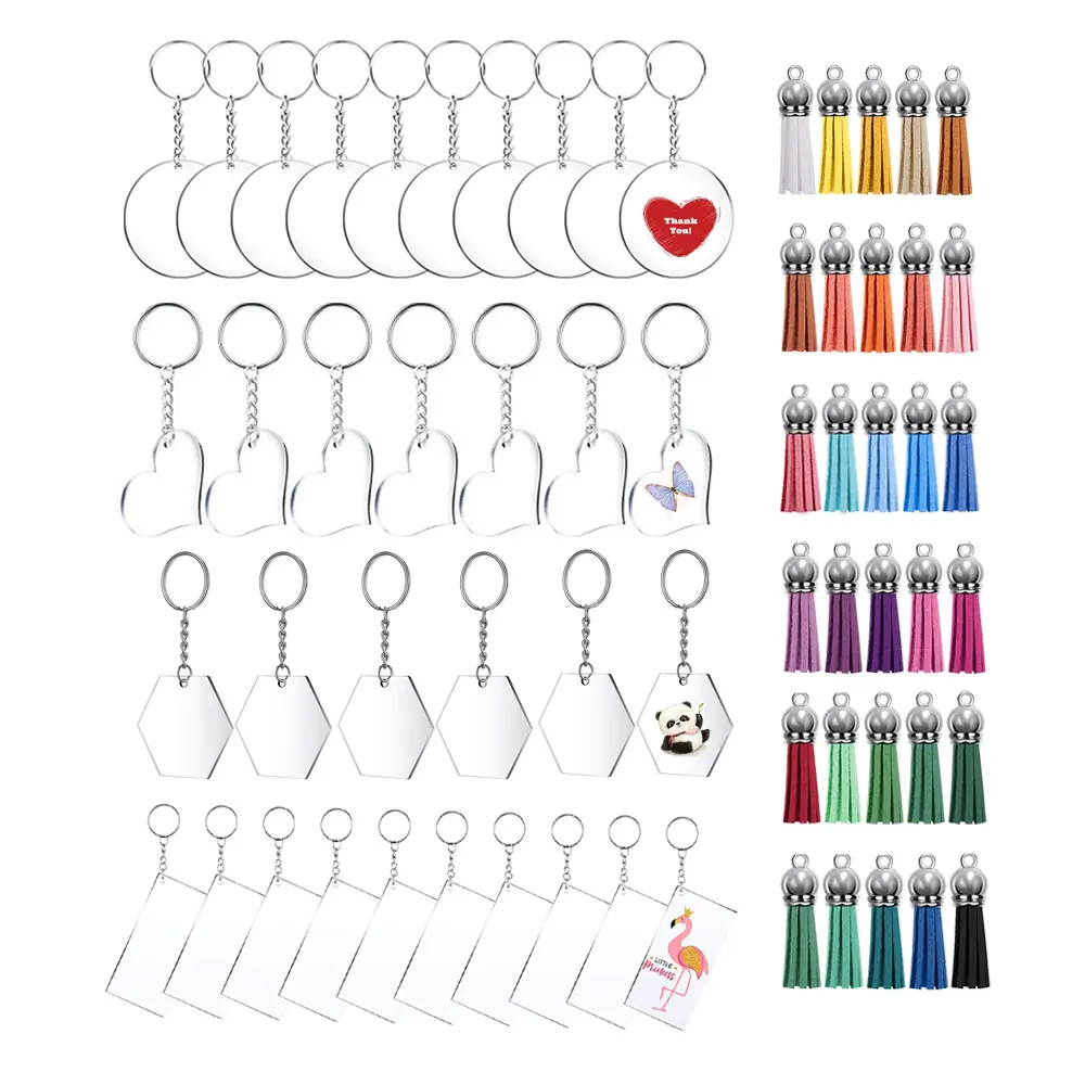 Porte-clés en acrylique transparent, 20 pièces, à bas prix, hexagone, Rectangle, rond, cœur, blanc, avec pompon