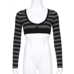 เสื้อยืดแขนยาวผู้หญิงทรงครอป คอวี ลายทาง พิมพ์ลายสไตล์วินเทจ สำหรับฤดูร้อน เป็นมิตรกับสิ่งแวดล้อม ติดกระดุมด้านหน้า เหมาะสำหรับใส่ลำลองหรือเดินทาง - Product Image 5