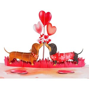Dachshund Couple Pop Card 3D Romantic Love Anniversary Valentine's Day Greeting Card 4-Color Digital Printed <b>Gloss</b> Lamination - Product Image 1