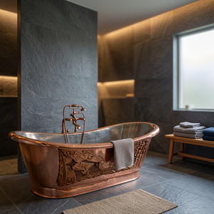 Baignoire rectangulaire de luxe en cuivre avec couvercle, finition extérieure patine bleu-vert, autoportante, avec fonction bain à remous - Product Image 3