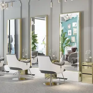 Golden Metal Salon Barber Mirror Double Sided Mirror With Marble Base For Barber Shop