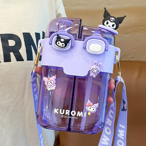 Botella de agua Zuo Mu Sanrio Kuromi de gran capacidad con doble pajita, taza para estudiantes libre de BPA, regalo de regreso a clases para niños. - Product Image 3
