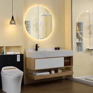Grosir pemasok cermin Led kayu Modern Vanity kamar mandi wastafel tunggal Set kabinet kamar mandi tahan air