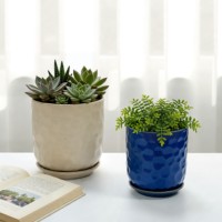 Set Pot Bunga Keramik Modern Berlapis Kaca dengan Desain Tekstur Batu untuk Tanaman Hijau di Meja atau Pusat Perbelanjaan