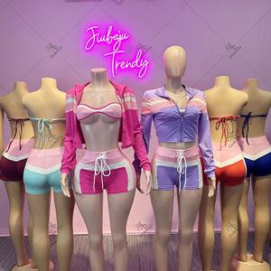 <span class=keywords><strong>Set</strong></span> di pantaloncini sportivi in colore a contrasto con cerniera 2025 donna <span class=keywords><strong>Cardigan</strong></span> Cropped reggiseno <span class=keywords><strong>top</strong></span> Shorts 3 pezzi - Product Image 2