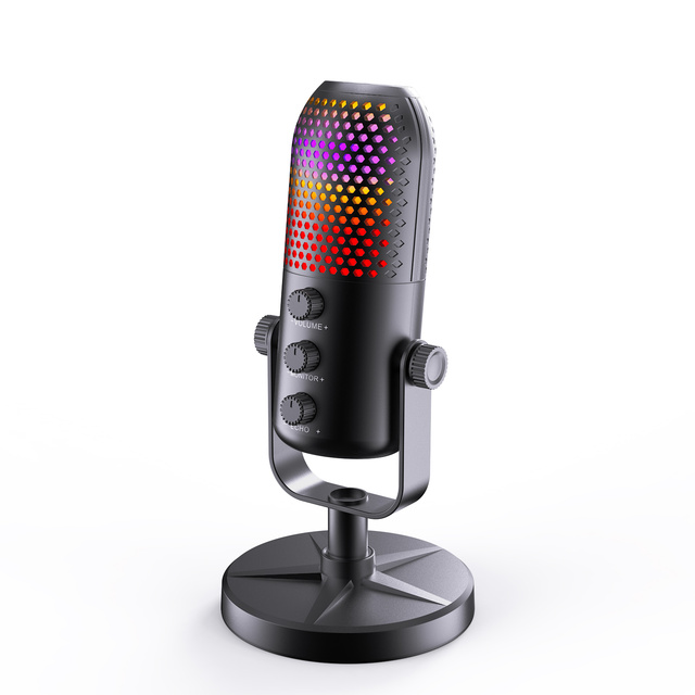 SU1T Wireless RGB Gaming USB Microphone 24Bit/44KHz Condenser Mic 7 Colors Lights Volume/Monitor/Echo Knobs Noise Cancelling