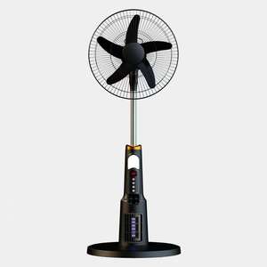 Ventilateur sur pied moderne à 3 pales, moteur DC, 5 vitesses, commande tactile, base avec lumière LED, design noir, camping, batterie rechargeable, faible bruit - Product Image 1