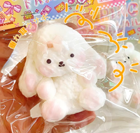 En gros, Jouet à presser anti-stress en plastique floqué extra-doux, lapin mignon à oreilles tombantes avec nœud, Kawaii, couleur rose pastel