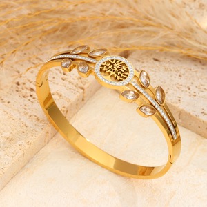 Bracelet en acier inoxydable plaqué or 18 carats, sans ternissement, avec cristal de zircon <span class=keywords><strong>champagne</strong></span>, inspiré de l'arbre de vie du Cachemire - Product Image 4