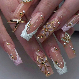 Ongles longs de style français personnalisés, luxueux, rose nude, dorés, en ABS pressé, 24 pièces, avec perles 3D pour le nail art des doigts - Product Image 1