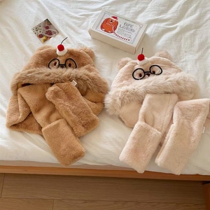 Conjunto de Gorro y Bufanda Cuadrados de Felpa Jacquard Blancos, Lindos y Cálidos para Invierno, Estilo Kawaii de Dibujos Animados para Niñas, Uso Diario - Product Image 4