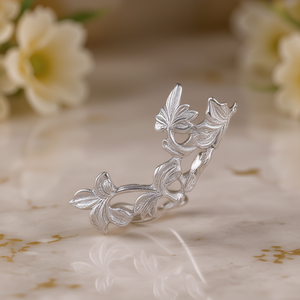 E633 Orecchini a polsino con motivo vegetale in oro bianco, gioielli unisex in stile vintage - Product Image 2