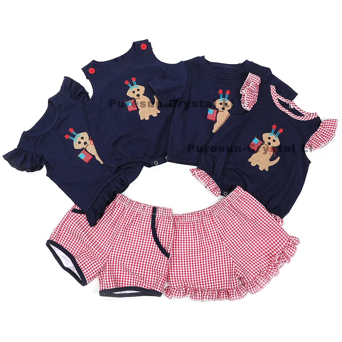 Conjuntos de ropa personalizada para niños, conjunto de 2 piezas de algodón de verano con bordado de cachorros, tema del 4 de julio para ropa de niño