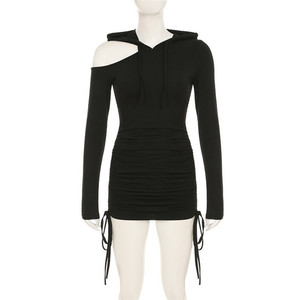 Autunno spalla fredda <span class=keywords><strong>felpa</strong></span> Mini abito da Club per le donne 2024 con cappuccio abito corto arricciato - Product Image 5