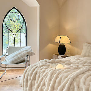 الأكثر مبيعاً في الشتاء الكورية نمط الصلبة والزهور سوبر لينة فقاعة فو الفراء رمي السرير بطانية حجم الملك أفخم الصوف رمي بطانية - Product Image 3