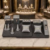 JUNSEN Ensemble de présentoirs à bijoux en velours suédé gris, texture délavée, cadre en métal chromé, 8 accessoires modulaires, fabriqué en Chine, moule d'échantillon