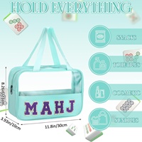 Pochette de rangement transparente en PVC grande capacité, avec lettres brodées, pour accessoires de mahjong, trousse de toilette de voyage et cosmétiques