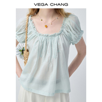 Chemisier VEGA CHANG blanc à imprimé floral aquarelle pour femme, col carré avec dentelle, devant plissé, coupe ample, peplum respirant