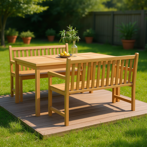 Teak Garden Dining <b>Set</b> 4 Seater Outdoor Furniture Traditional Style Solid Wood <b>Table</b> And <b>Benches</b> - Product Image 2