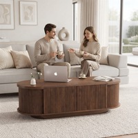 Table basse classique en bois de noyer, plateau ovale incurvé, base à pieds coniques, pièce d'appoint de style mid-century, ensemble de meubles de salon