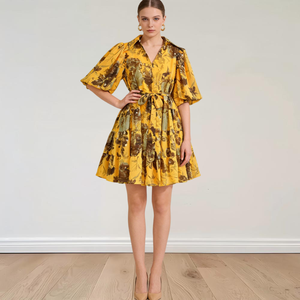 Abito Estivo Giallo con Stampa Floreale e Volant in Stile Boho per Vacanze al Mare, Abbigliamento Casual, Moda Femminile Boutique - Product Image 1