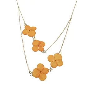 New Ins Fine Jewelry 18k Glod Plated Stainless Steel Handmade Colorful Small Pressed Flower Resin Necklace