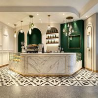 Meubles de design intérieur de café en bois sur mesure, personnalisation complète de la pièce, vitrine en verre, comptoir de bar, éclairage LED, respectueux de l'environnement