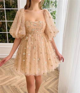 2023 Summer Elegant Custom Women Embellished Short Puff Sleeve Tulle <strong>Star</strong> Gilding Glitter Party Mini <strong>Dress</strong> - Product Image 6