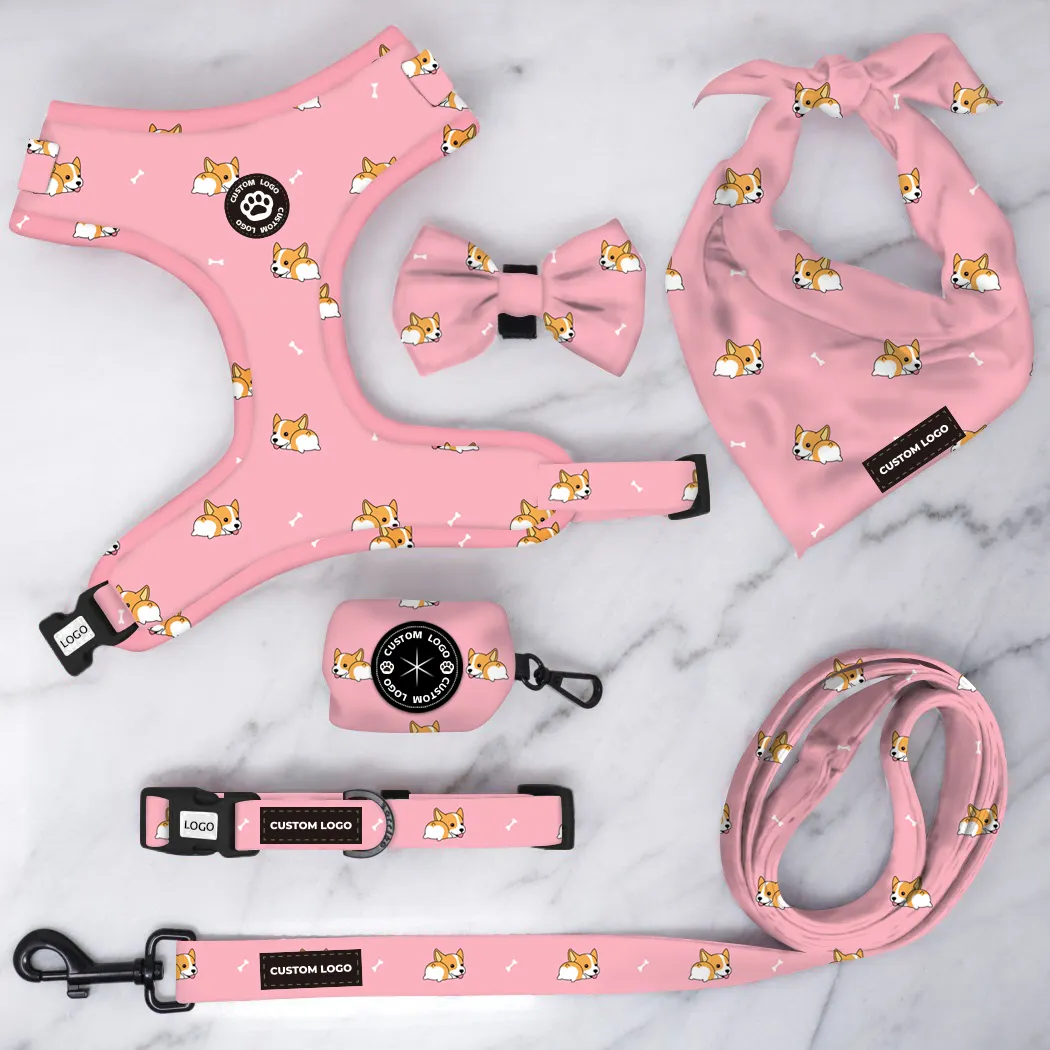 Free provide pattern Customized Shiba Printing Design dog harness six piece collar leash and poop bag holder kit