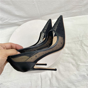 Chaussures de mariée noires à strass 8CM pour femme, escarpins respirants en maille à bout pointu, nouveaux talons aiguilles fins 2024 - Product Image 6
