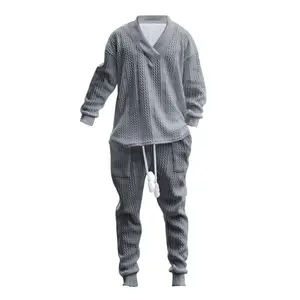 Men's Casual Pants V-Neck Long-Sleeved T-Shirt Jacquard Knit Men Autumn Suit No-Hat-Included Unhooded 50% Cotton 50% Polyester