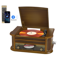 Tourne-disque vintage avec lecteur CD, lecteur cassette, lecture sans fil, 3 vitesses, centre musical avec enregistrement USB, radio FM AM