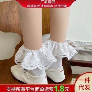 White Lace Trimmed <b>Socks</b> Women Short Mid Calf <b>Breathable</b> Korean Style Jacquard Medium Thickness - Product Image 5