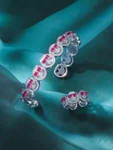 Sang Trọng 2Pcs Vàng Bạc Mạ Mặt Cười <span class=keywords><strong>Bangle</strong></span> Nhẫn Thiết Lập Màu Đỏ Tím Zirconia Cưới Engagement Đảng Trái Tim Cắt Hàng Ngày Mặc - Product Image 5