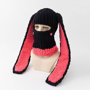 Bonnet cagoule tricoté femmes filles oreilles de lapin bicolores crochet tricot masque de ski chapeau doux pêcheur bonnets chapeaux d'hiver - Product Image 5