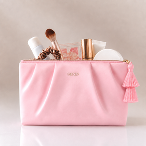 Custom <b>Pink</b> Satin Cosmetic Pouch with Gold Foil Logo and Double Tassel for Bridesmaid Gifts and Travel Makeup Storage - Product Image 6