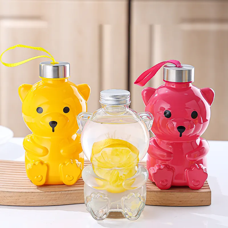 Cute Bear Shape 16 Unzen 500 ml transparentes farbiges Glas Saft Milch Getränk Honig Flasche für Trinkwasser mit Edelstahldeckel