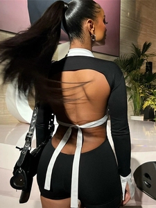10164 Nouvelle Combinaison élégante et sexy à revers, dos nu, contrastante et ajustée - Product Image 4