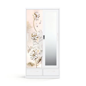 Armario de Acero Impreso con Puertas Correderas con Espejo y Dos Cajones de 900 mm para Muebles de Dormitorio - Product Image 1
