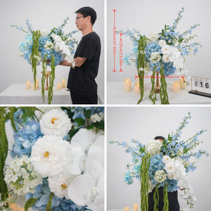 ช่อดอกไม้ประดิษฐ์สีฟ้าอ่อนขาว ประดับด้วยดอกอะมาแรนธัสสีเขียวและไฮเดรนเยีย สำหรับตกแต่งโต๊ะงานแต่งงาน - Product Image 3