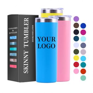 Customized Logo 20oz Double Wall Stainless Steel Insulated Vacuum Thermal Powder Coated 20 oz Skinny Tumbler With Lid and Straw - Product Image 1