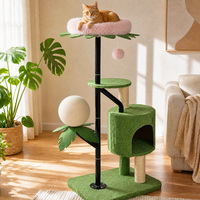 Arbre à chat inspiré de la verdure avec plateformes roses, tour à chat multi-niveaux avec poteaux métalliques robustes, panneau E1 et boule de sisal