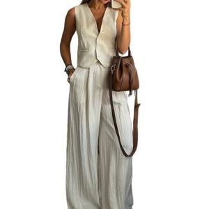 เสื้อกล้ามกางเกงเอวสูงขากว้างแฟชั่นชุด2ชิ้นลำลองของผู้หญิงเรียบง่าย - Product Image 1