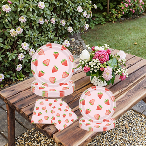 Vaisselle en papier rose sur le thème des fraises pour les tasses de pique-nique <span class=keywords><strong>joyeux</strong></span> <span class=keywords><strong>anniversaire</strong></span> de la fille assiettes tissus décorations de table de fête - Product Image 4