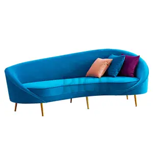 Kaki Logam Kain Pelapis Biru Melengkung, Sofa Set Sofa Beludru untuk Ruang Keluarga 3 Kursi Sofa