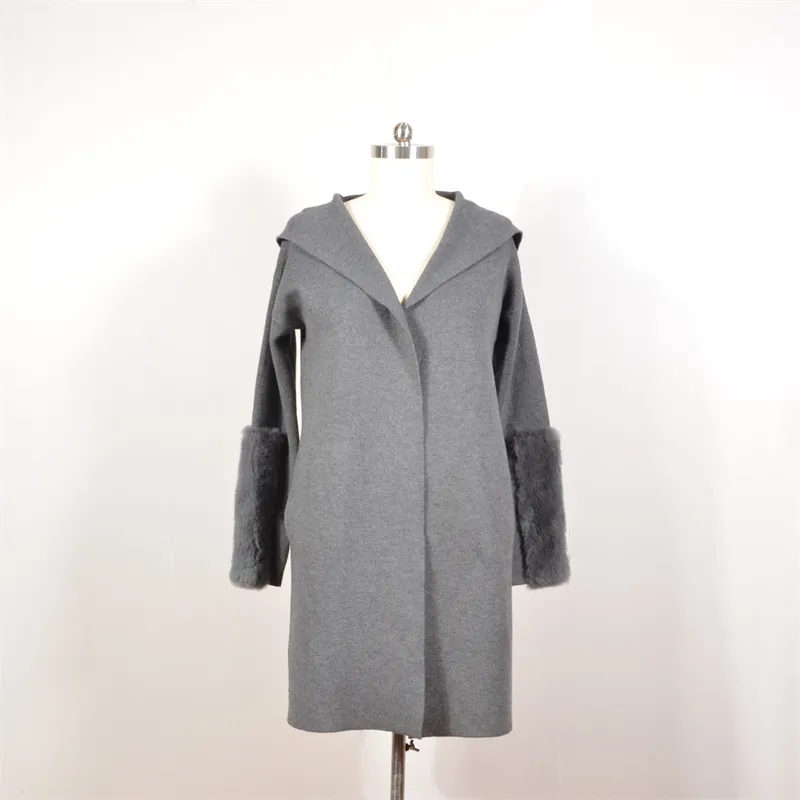 Custom Fashion Design Hooded Wool Blending Soft Warm Gray Winter Long Trench Coat Women