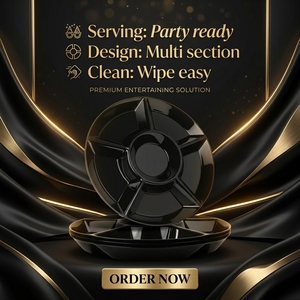 5 Compartments Unbreakable Divided <strong>Disposable</strong> Party Fruit <strong>Platters</strong> Black Plastic Serving Tray Stackable - Product Image 2