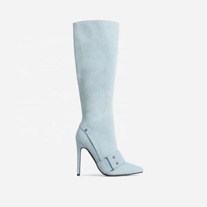 Light Denim Blue Women Buckles Knee High Boots Stiletto Thin Heels <b>Shoes</b> Side Zipper Point Toe Long Booties - Product Image 6